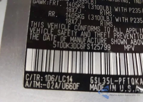 2015 Toyota Sienna Xle Premium 7 Passenger z USA, uszkodzony, nr VIN 5TDDK3DC6FS125799